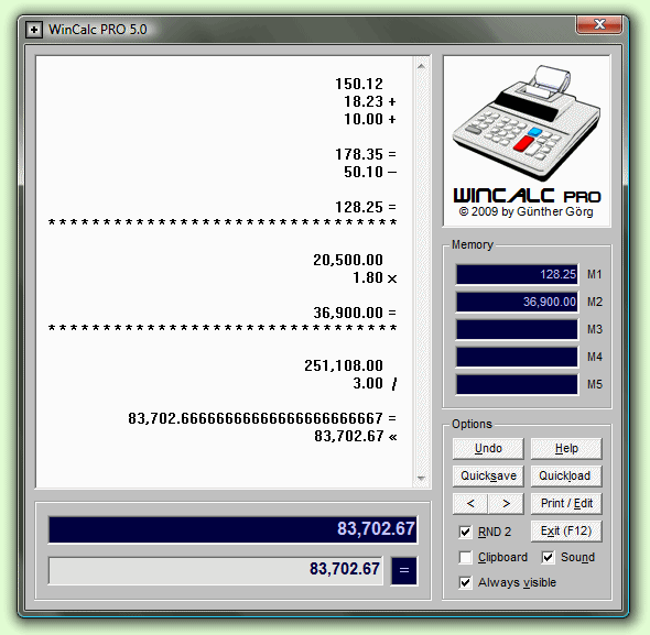 GUI of WinCalc PRO 5.0